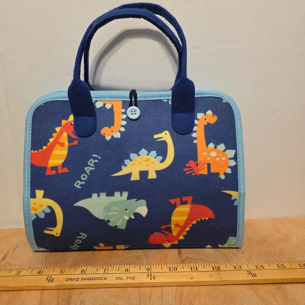 Esjay Toddler Busy Board in a portable dinosaur-themed felt carry case